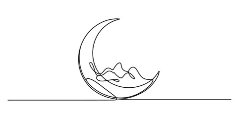 Continuous single line drawing of a crescent moon with mountains inside © Graphics Art