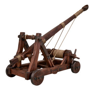 Ancient wooden catapult with rope winch and weathered brown beams isolated on transparent background PNG element