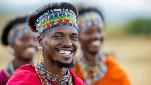 Smiling man wearing colorful beaded traditional attire with a cheerful group of people outdoors