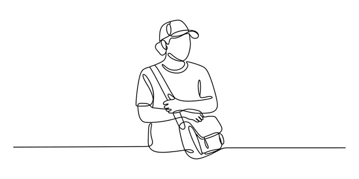 Continuous line drawing of a young man with a cap and a shoulder bag