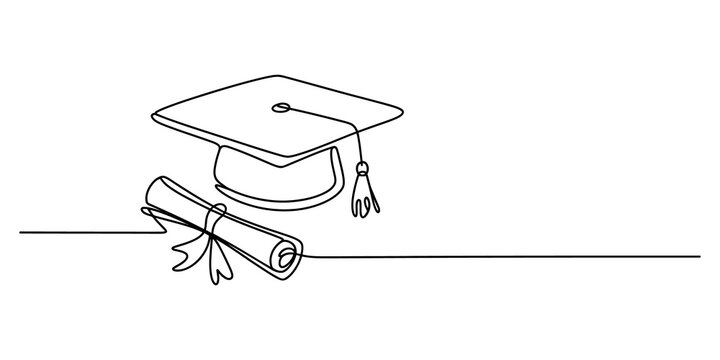 Continuous line drawing of a graduation cap and a diploma scroll