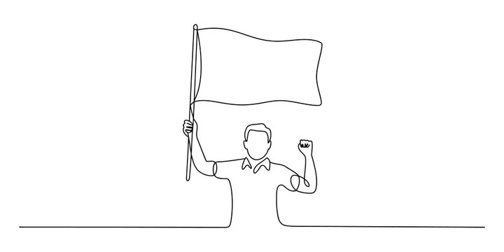 Continuous line drawing of a person holding a waving flag