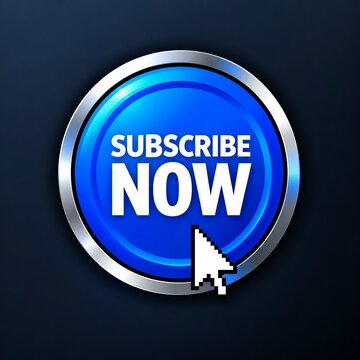 Modern subscribe now button with cursor click effect on blue circular background