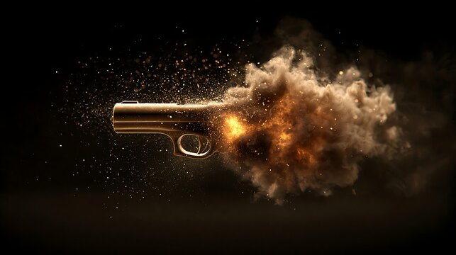 Handgun firing with large muzzle flash and smoke on dark background.