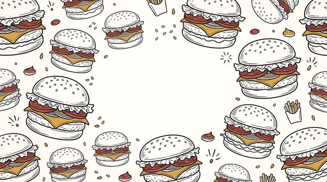 Hand drawn cheeseburger pattern frame with a central white copy space for fast food restaurant menu