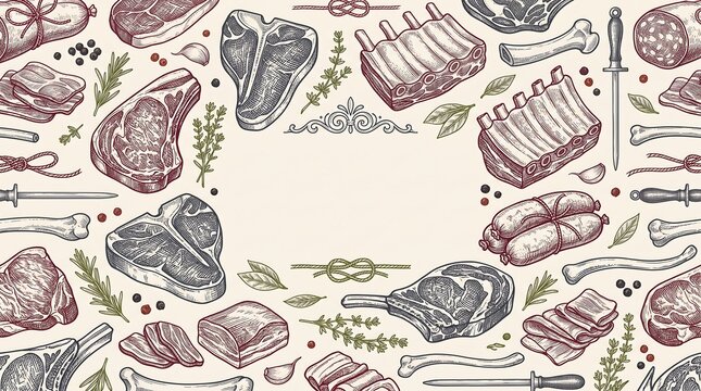 Hand drawn meat pattern background with various cuts of raw beef steak and butcher tools frame