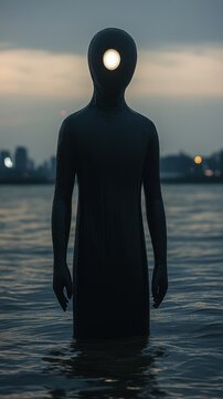 Slender black figure with a single glowing eye stands in the water at dusk.