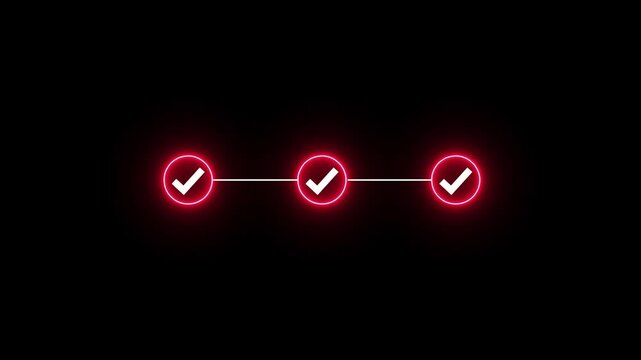 Neon line Step-by-Step Guide with check mark icon. 3 step infographic process, step process success with check marks icon alpha channel, 4k
