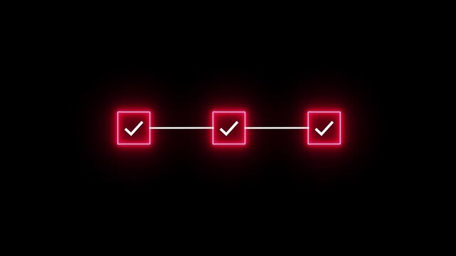 Neon sign 3 step infographic process with check mark icon with alpha channel, 4k Step-by-Step Guide concept.
