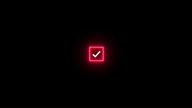 Tick Mark Icon Animation with neon rectangle box icon. Check Mark, Tick, Yes, OK Symbol Animation. Right Check Mark Icon Animation 4k alpha channel