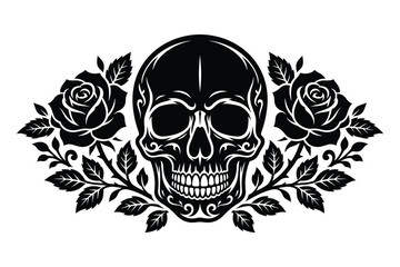 Fototapeta premium A striking black and white image featuring a skull adorned with beautiful roses perfect for