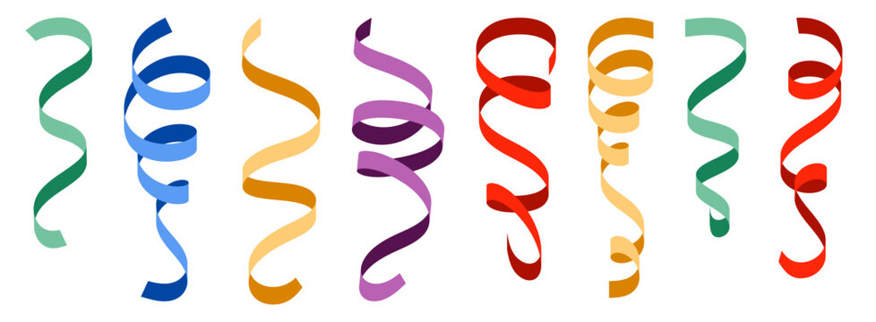 Party curly ribbons serpentine decoration elements. Festive holiday carnival celebration birthday anniversary design components.