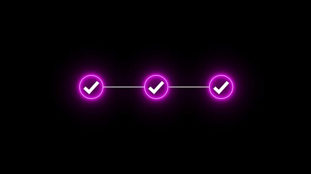 Neon line 3 step infographic process with check mark icon. infographic step by step process icon animation. step process success with check marks. Step-by-Step Guide 4k video