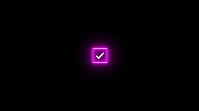 Tick Mark Icon Animation with neon rectangle box icon. Check Mark, Tick, Yes, OK Symbol Animation. Right Check Mark Icon Animation 4k alpha channel