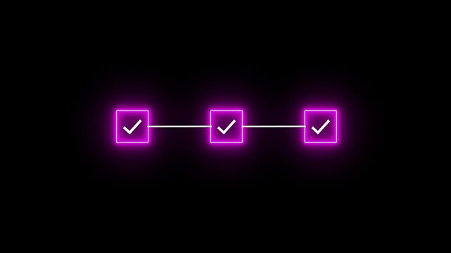 Neon line 3 step infographic process with check mark icon. infographic step by step process icon animation. step process success with check marks. Step-by-Step Guide 4k video
