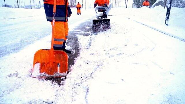 Worker clears snow with bright orange shovel. Snow plows follow behind, clearing paths. Team works in cold, snowy conditions. Essential winter maintenance scene. Urban or rural road clearing footage