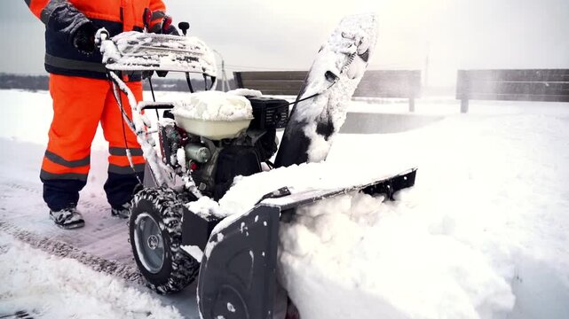 Worker in bright orange gear clears snow with snowblower. Snow sprays forcefully as machine moves steadily forward. Snowblower engine hums, clearing path through deep snowfall