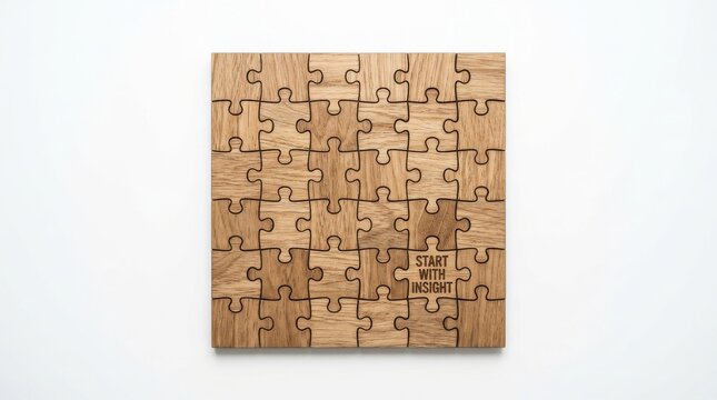 Wooden puzzle pieces forming a complete square with insight text
