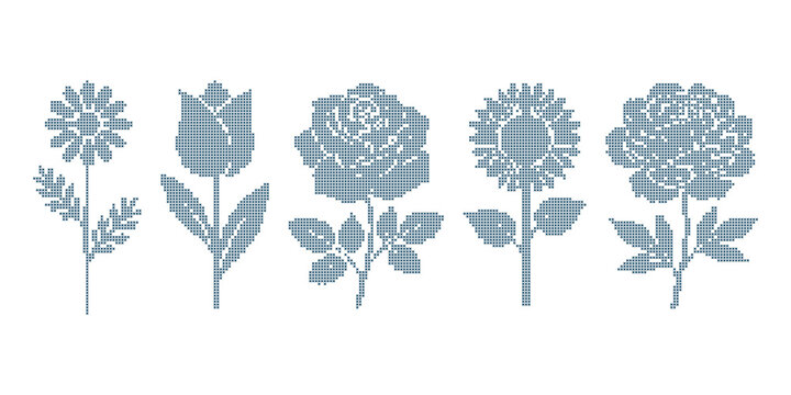 Cross Stitch Floral Elements Set with Vintage Embroidery Flowers
