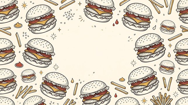 Seamless pattern background with hand drawn burgers and fries with a central blank space for text