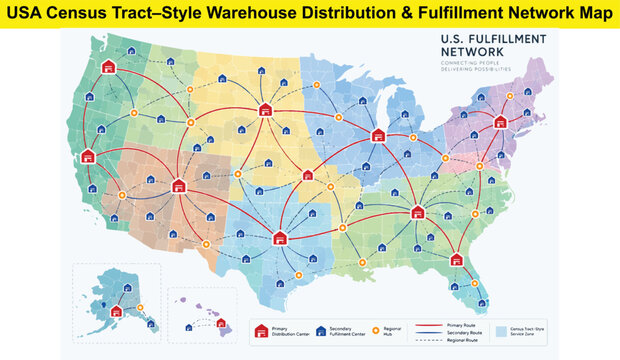 Usa census tract warehouse distribution network map with primary hubs and regional transit routes.