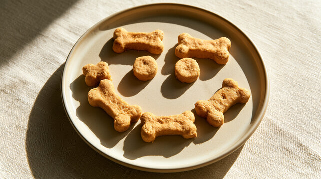 Playful dog treats arranged in a smiling face pattern on a ceramic plate with warm natural daylight &mdash; ideal for pet food branding, dog treat packaging, and cheerful pet product advertising