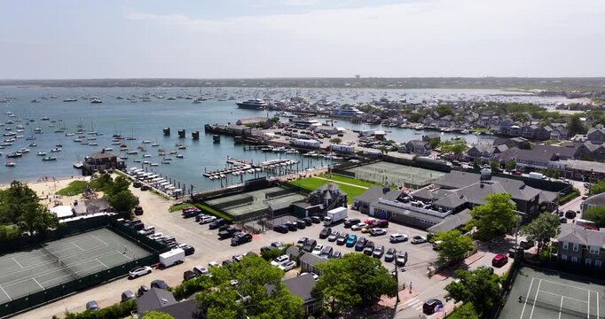 Flying Toward Nantucket Harbor Waterfront and Downtown Marina
