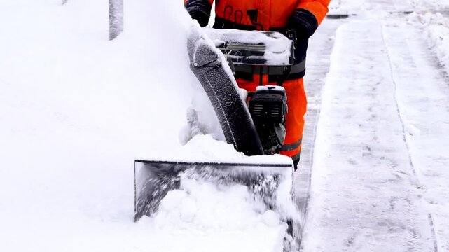 Worker clears snow with mechanical snowblower. Bright orange suit contrasts with white snow. Snow blasts forward in powerful, continuous stream. Cold, snowy street scene