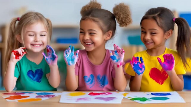 Three smiling children showing colorful painted hands during a creative art activity in a classroom