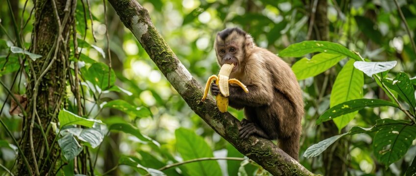A brown capuchin monkey sits on a thick tree branch in a lush tropical rainforest, holding and eating a peeled yellow banana with its hands, surrounded by dense green foliage and vines