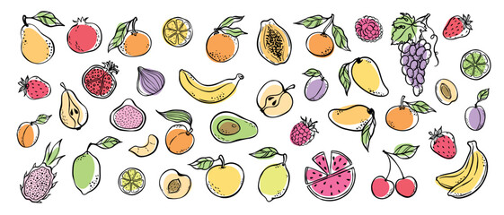 Obraz premium Hand drawn colorful doodle fruits and berries. Trendy abstract minimal style. Natural tropical fruits. Organic fruits or vegetarian food. Vector isolated hand draw illustration set