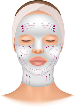 Detailed vector illustration of a woman wearing a cosmetic sheet face mask with directional arrows showing facial massage and lifting movements across the forehead, cheeks, chin, eye area, and neck. B