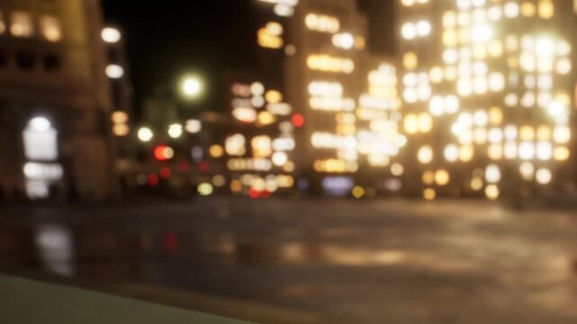 A city street is illuminated by bright lights during the night. People walk along the pavement while colorful lights reflect off wet surfaces. The scene is lively and busy.