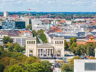 Aerial view of the historic Propylaea monument and Munich cityscape © Reelistic
