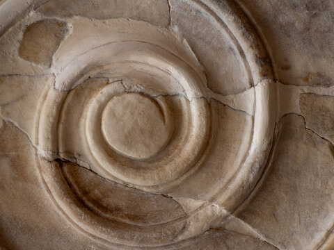 Weathered Ionic volute detail on ancient Greek marble column