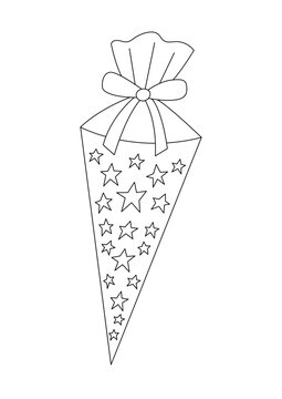 School Cone with Starts Coloring Page. German Candy Cone Coloring Book. Outline School Start for Children. Back to School Vector Template for Coloring Drawing