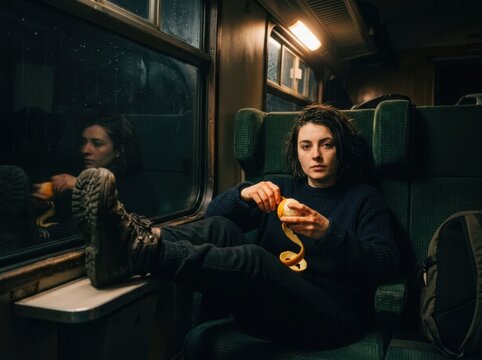 Lonely Train Passenger Eating Orange During Night Journey