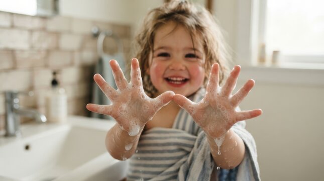 Happy toddler girl showing soapy hands in bathroom