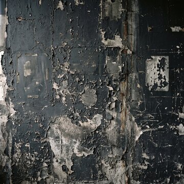 Abstract dark wall texture with cracked paint and peeling layers in a rustic interior setting