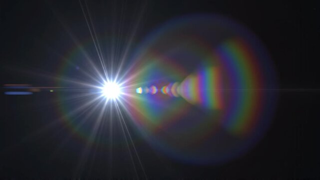 Lens flare evolving with light source during cinematic transition against dark background