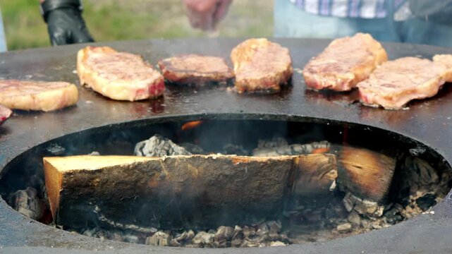 Steaks sizzle over glowing firewood logs. Smoke rises from hot, blackened grill surface. Hands adjust meats near coals. Joyful outdoor cooking scene. Perfect for food, festival, or campfire imagery