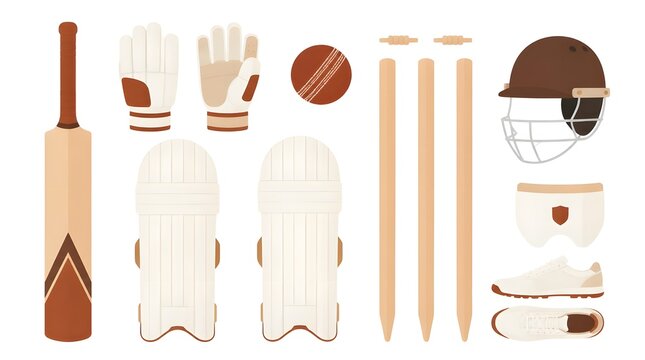 Flat lay vector illustration of cricket gear with wooden bat ball stumps helmet pads and gloves arranged neatly on plain surface