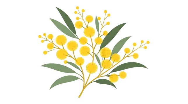 Flat vector illustration of a golden wattle branch with bright yellow flowers and green leaves on a clean white background