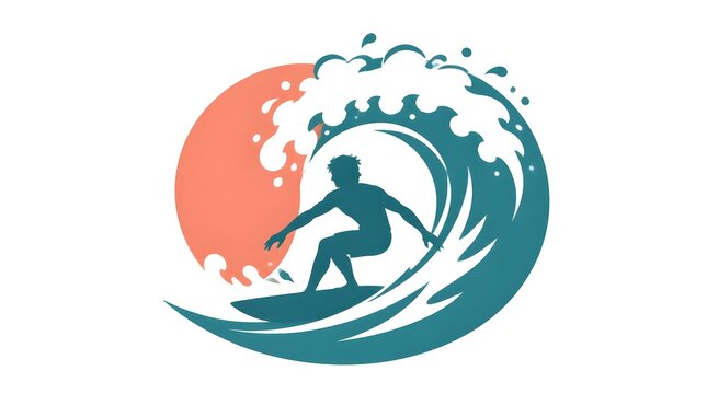 A clean silhouette vector of a skilled surfer riding a large ocean wave in a minimalist design with smooth white space