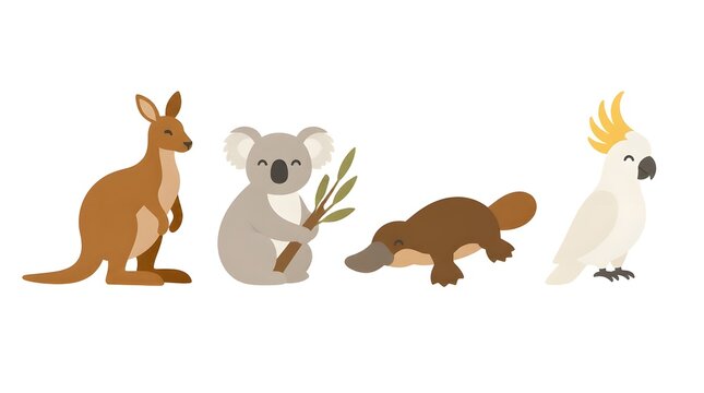 A collection of vector icons depicting Australian animals including kangaroo koala and platypus placed on a plain white background