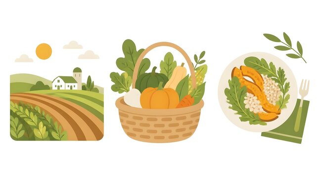 Flat vector illustration of a sunny rural farm field with rows of crops and a worker harvesting fresh vegetables into a large woven basket