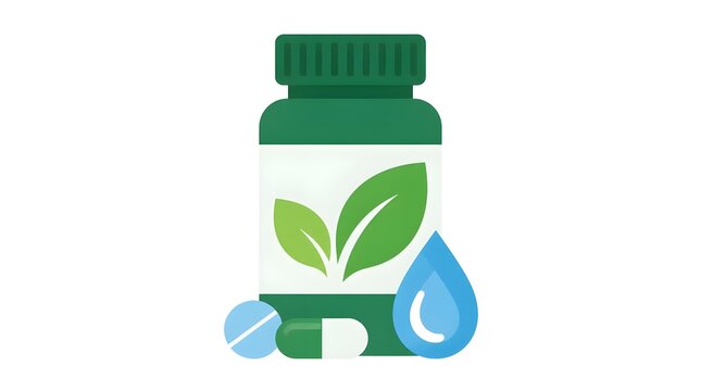 A flat vector illustration shows a white pill bottle with a green leaf symbol on its label for natural supplements on a clean white background