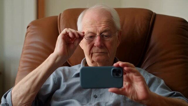 Older man holds smartphone horizontally while seated in brown leather armchair, looking at screen and raising one hand to adjust spectacles in softly lit room indoors