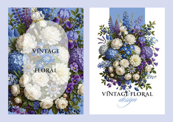 Obraz premium Vector illustration with blue and white and purple garden flowers bouquet isolated on a changeable background. Vintage floral design template for a greeting card or a wedding invitation.