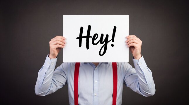 Person wearing red suspenders and a light blue shirt holding a white sign with hey text with written front face communication interaction background